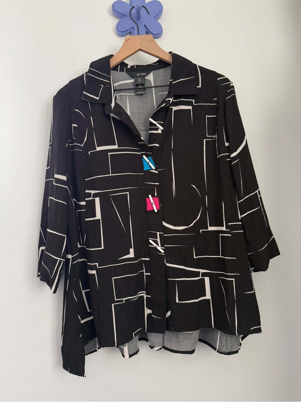 Ali Miles Petite XL Relaxed Button Up Shirt Black Oversized Office Work Abstract